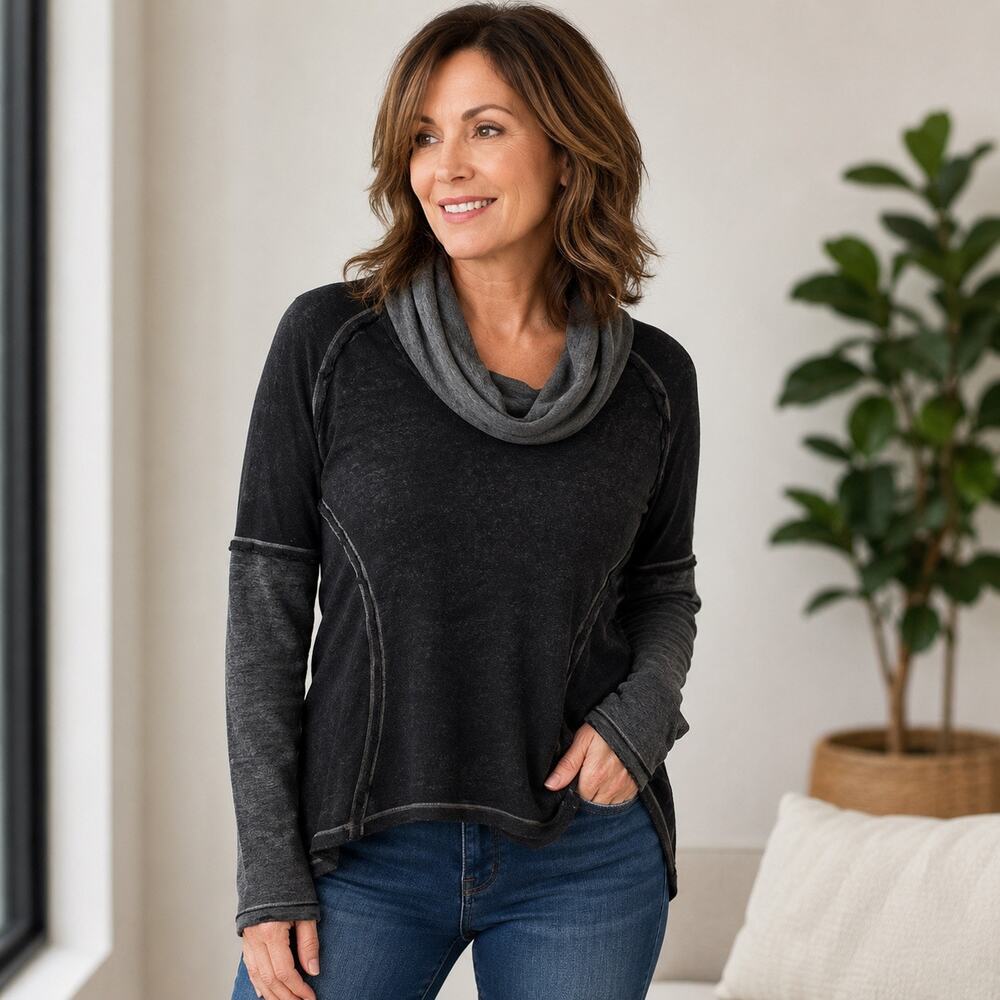 Threads 4 Thought Cowl Neck Organic Cotton Blend Sz M Black/Gray Athleisure